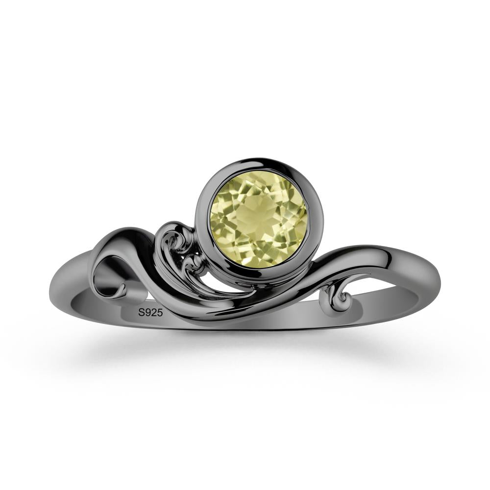 Bezel Setting Round Lemon Quartz Wave Ring - LUO Jewelry #metal_black finish sterling silver