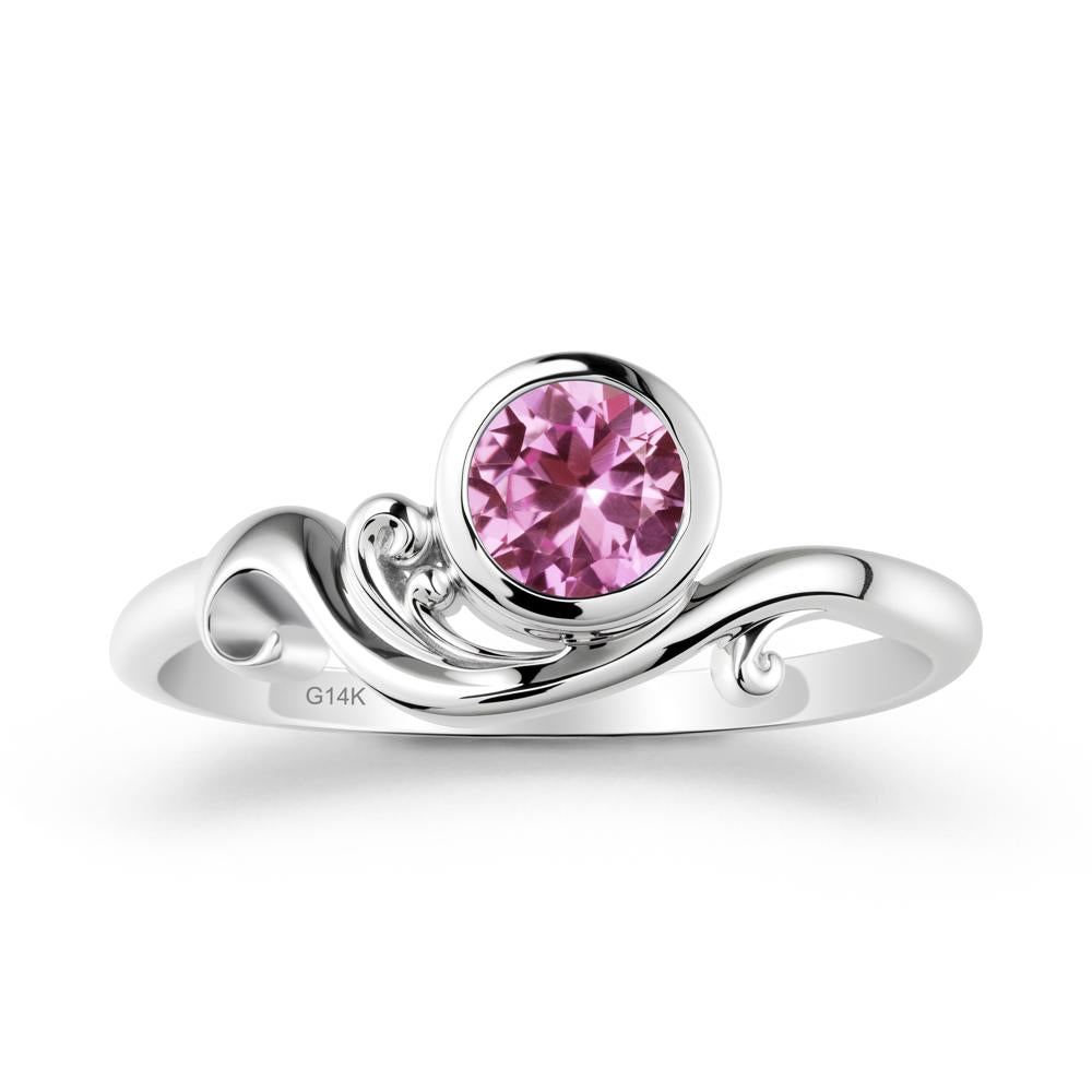 Bezel Setting Round Pink Sapphire Wave Ring - LUO Jewelry #metal_14k white gold