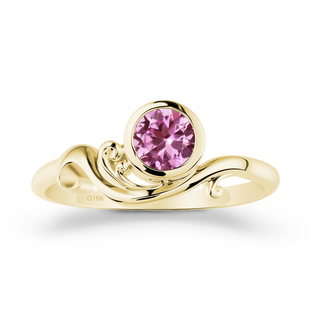 Bezel Setting Round Pink Sapphire Wave Ring - LUO Jewelry #metal_18k yellow gold
