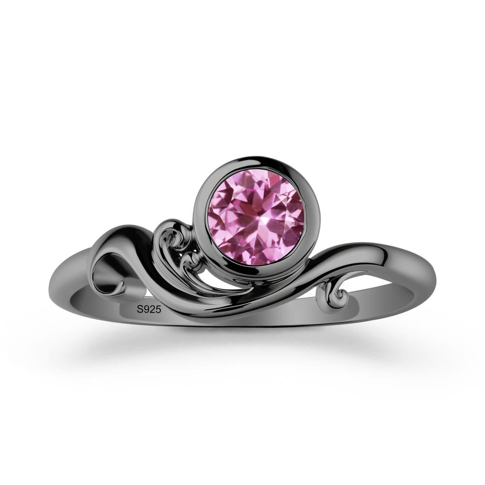 Bezel Setting Round Pink Sapphire Wave Ring - LUO Jewelry #metal_black finish sterling silver