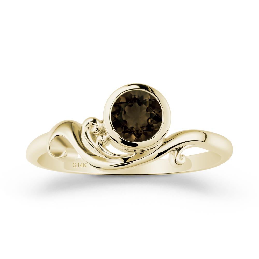 Bezel Setting Round Smoky Quartz Wave Ring - LUO Jewelry #metal_14k yellow gold