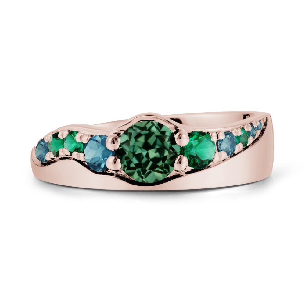 Round Green Sapphire Ring with Wave Band - LUO Jewelry #metal_14k rose gold