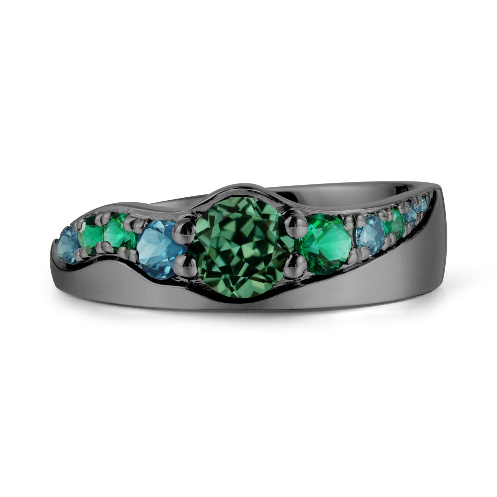 Round Green Sapphire Ring with Wave Band - LUO Jewelry #metal_black finish sterling silver