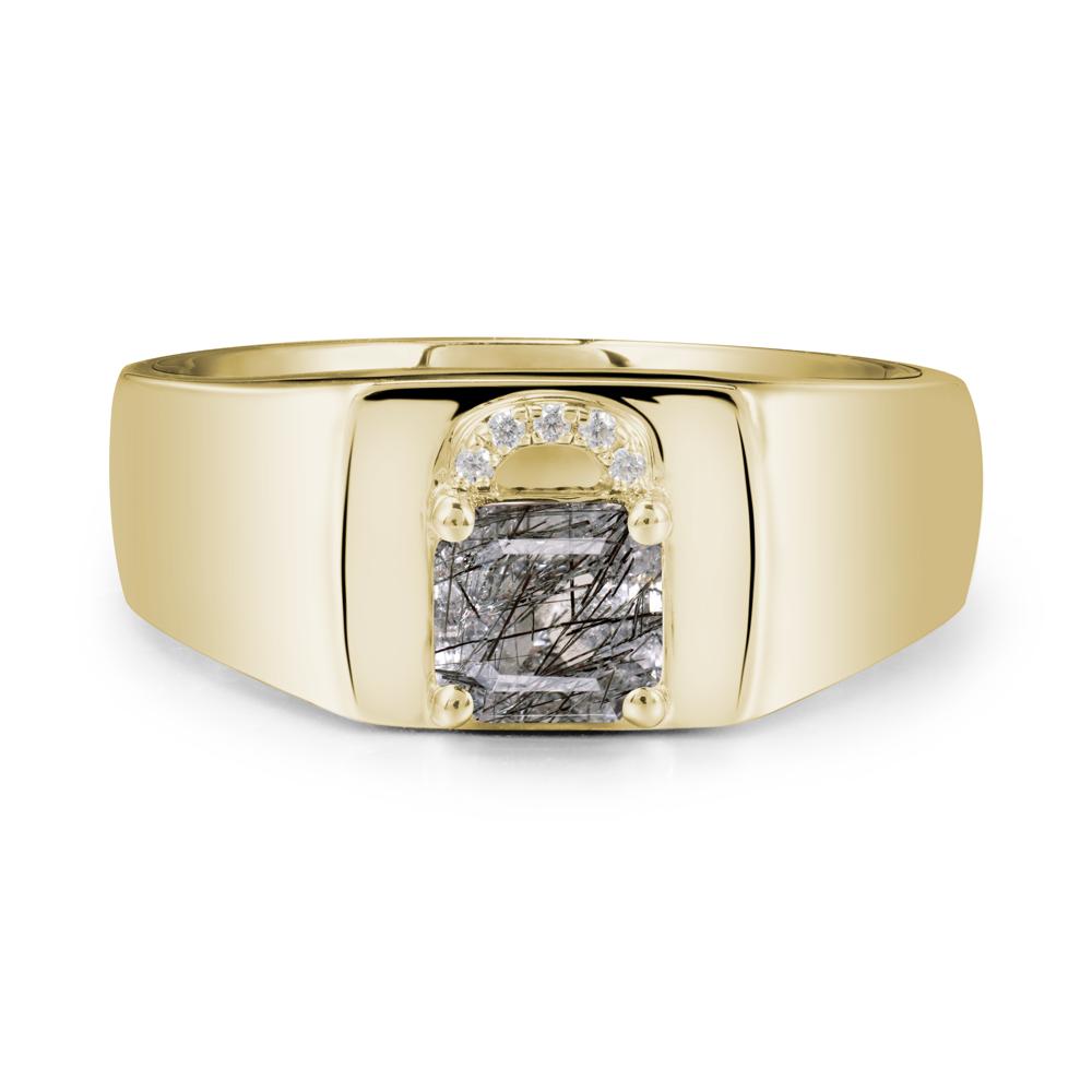 Men Black Rutilated Quartz Ring with Lock Design - LUO Jewelry #metal_14k yellow gold
