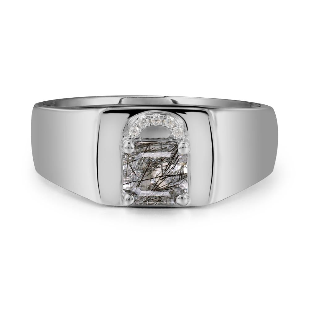 Men Black Rutilated Quartz Ring with Lock Design - LUO Jewelry #metal_platinum