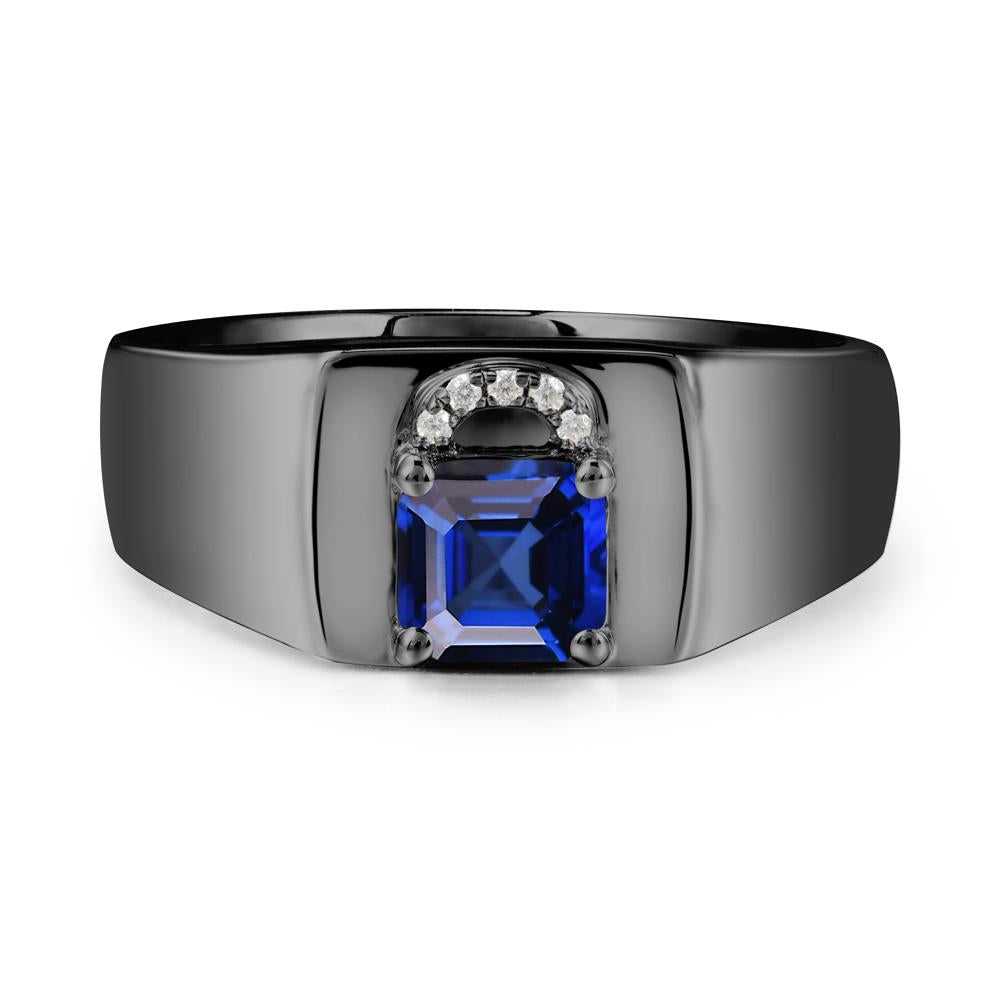 Men Sapphire Ring with Lock Design - LUO Jewelry #metal_black finish sterling silver