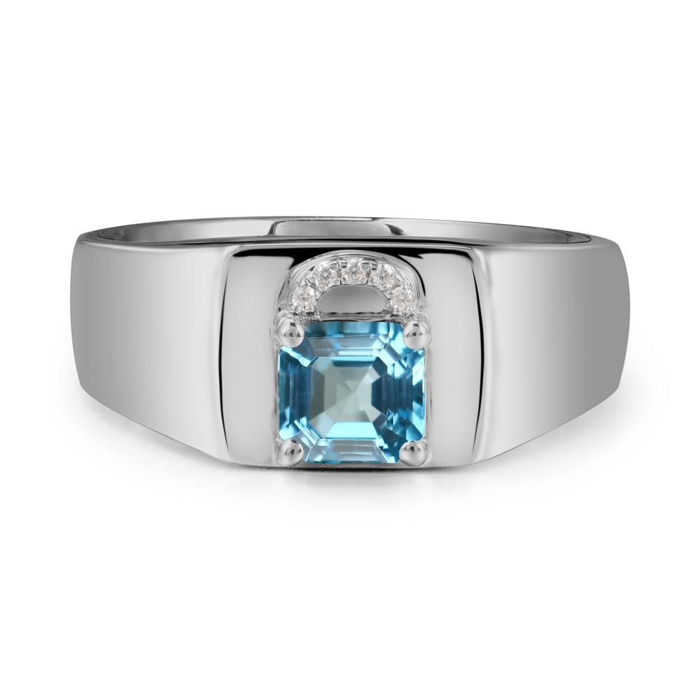 Men Swiss Blue Topaz Ring with Lock Design - LUO Jewelry #metal_platinum
