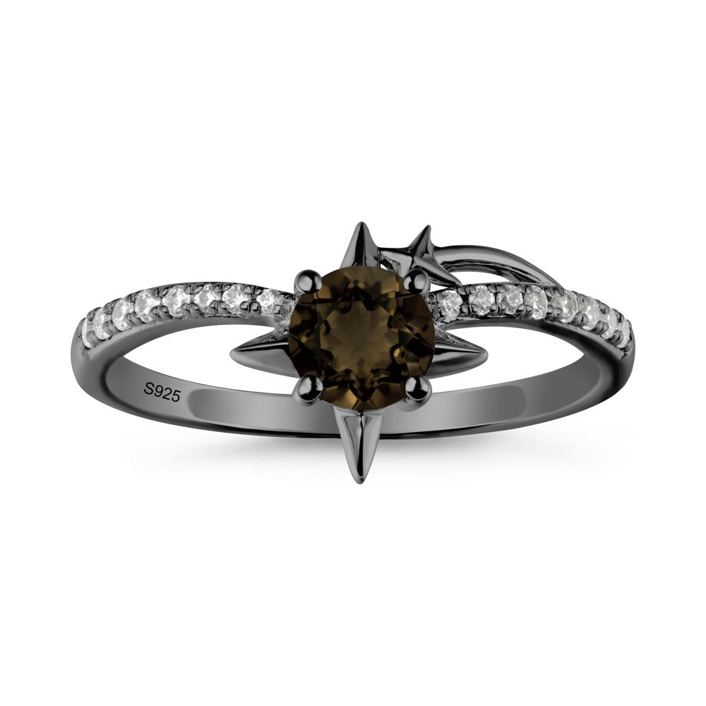 Round Smoky Quartz Four Point Star Ring - LUO Jewelry #metal_black finish sterling silver