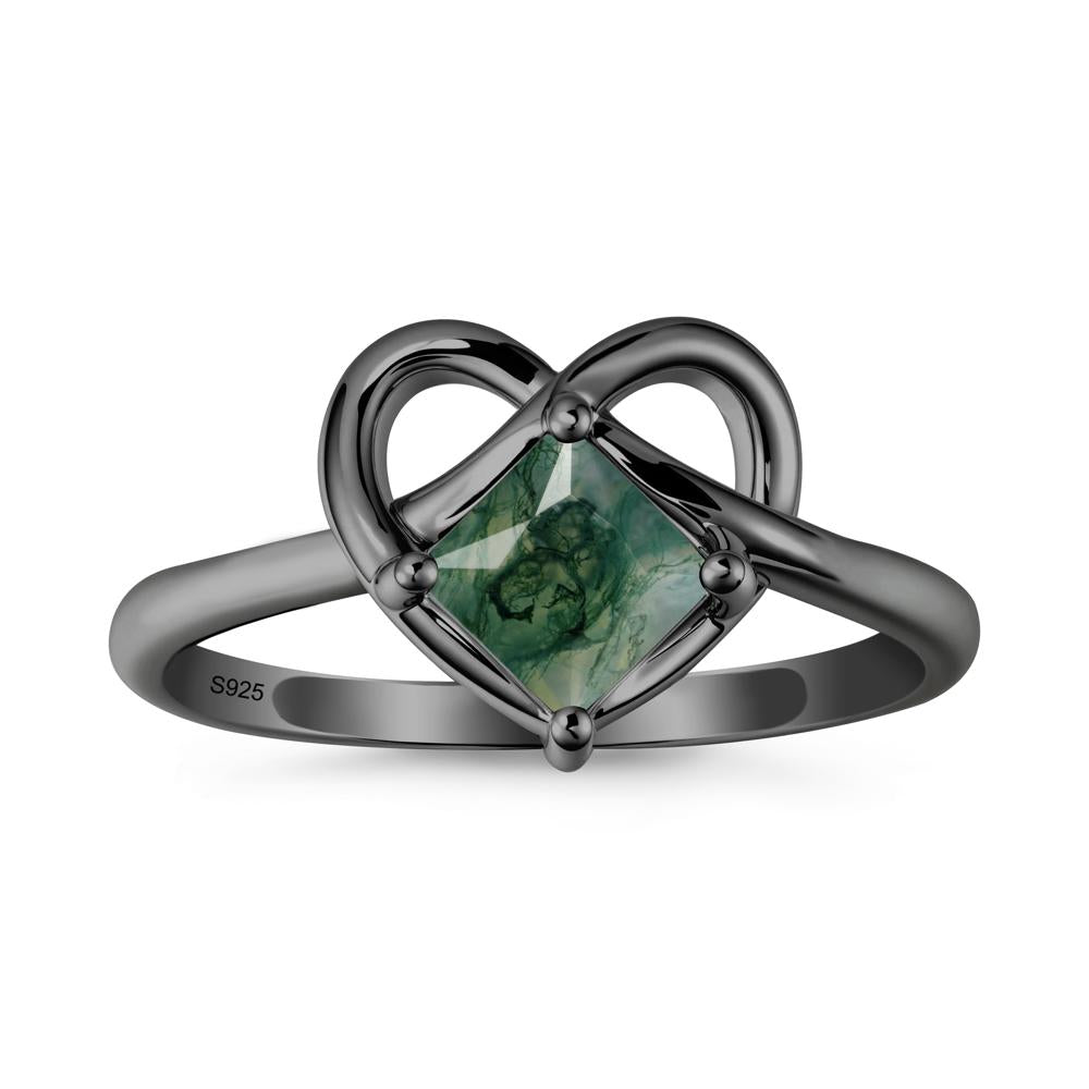 Delicate Square Moss Agate Ring with Heart Loop - LUO Jewelry #metal_black finish sterling silver