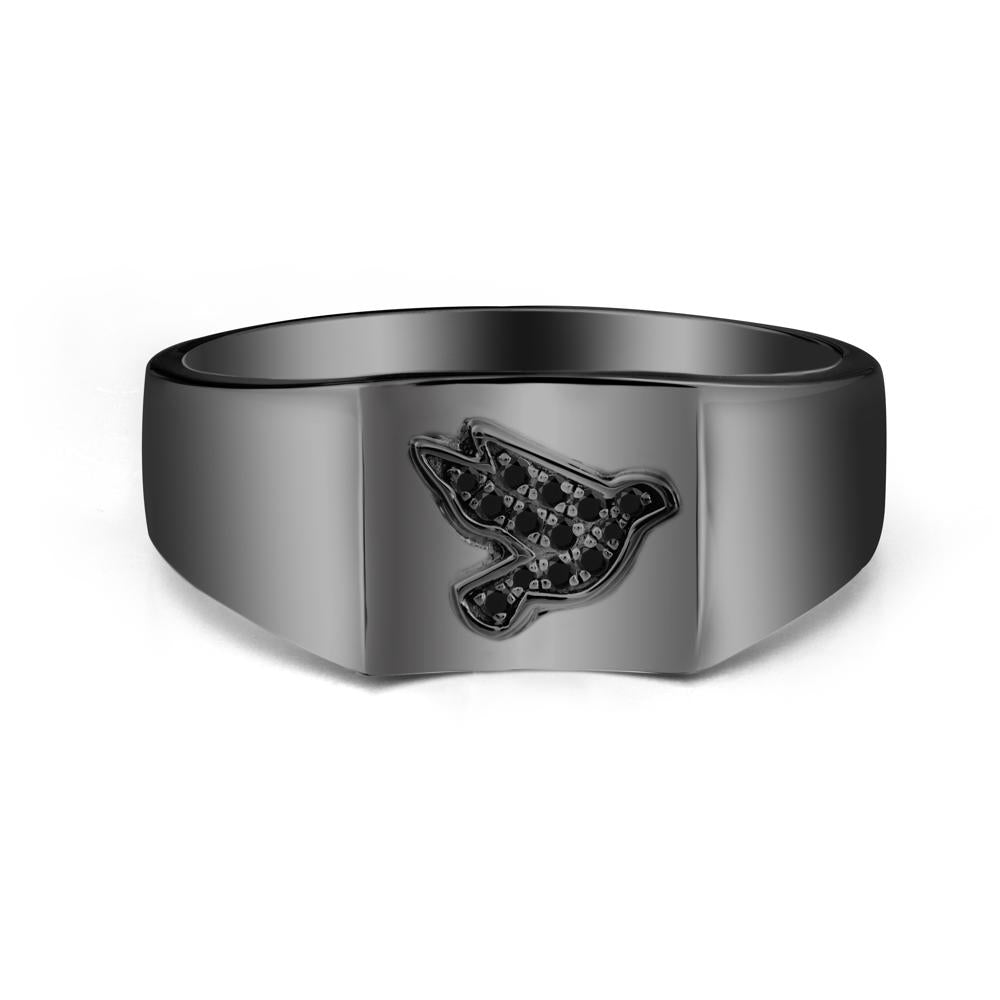 Wide Band Peace Dove Totem Black Spinel Ring - LUO Jewelry #metal_black finish sterling silver