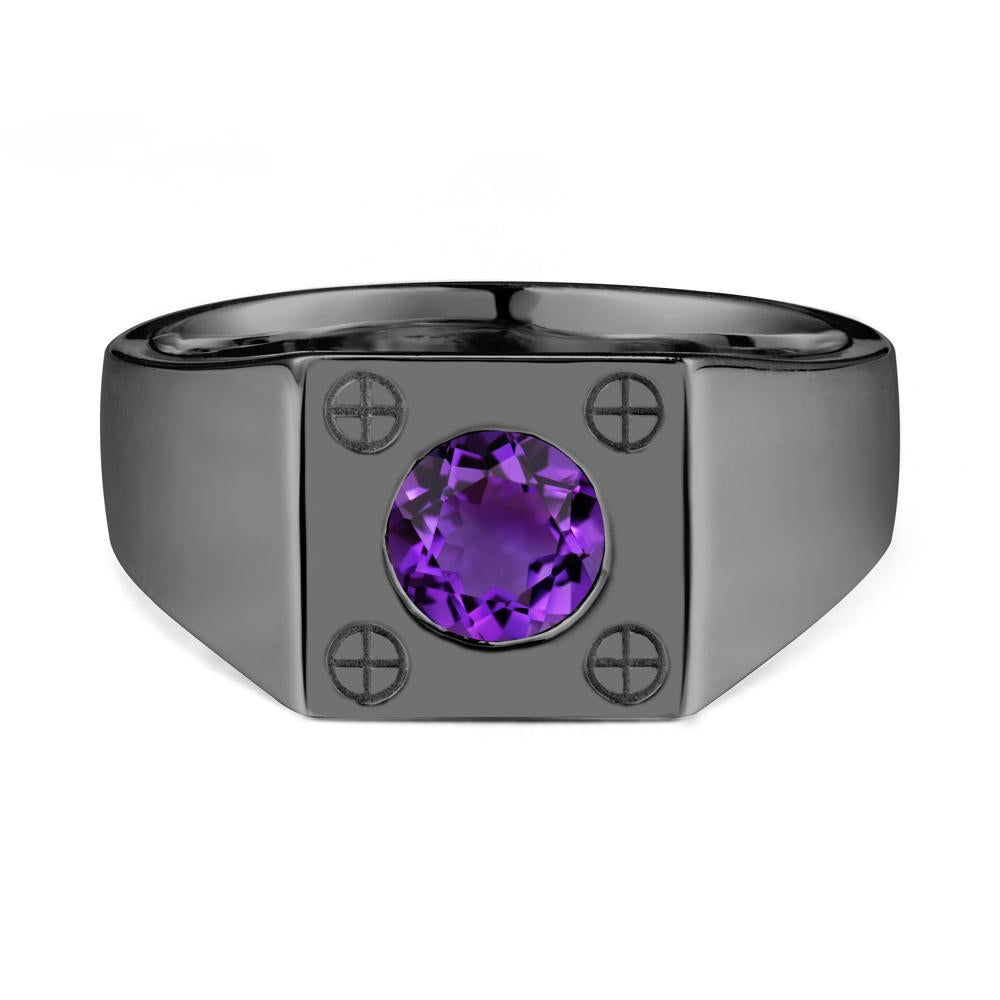 Bezel Setting Round Amethyst Ring for Men - LUO Jewelry #metal_black finish sterling silver