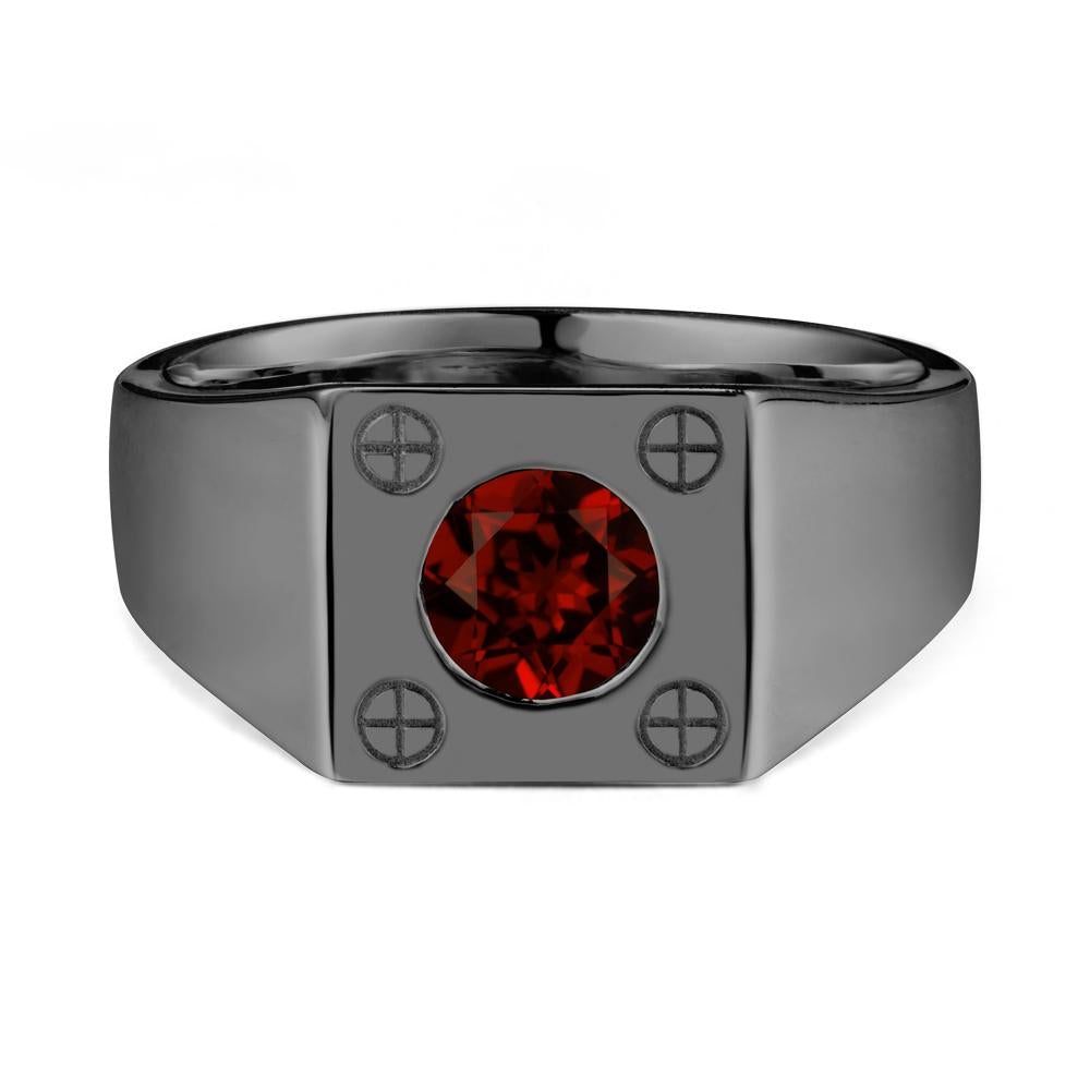 Bezel Setting Round Garnet Ring for Men - LUO Jewelry #metal_black finish sterling silver