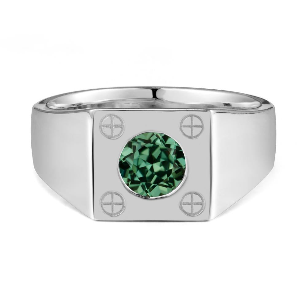 Bezel Setting Round Green Sapphire Ring for Men - LUO Jewelry #metal_14k white gold