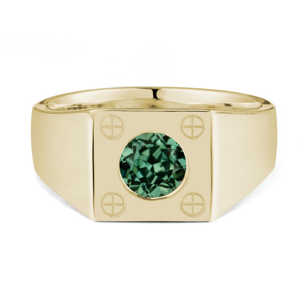 Bezel Setting Round Green Sapphire Ring for Men - LUO Jewelry #metal_14k yellow gold