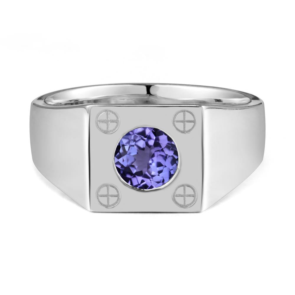 Bezel Setting Round Tanzanite Ring for Men - LUO Jewelry #metal_18k white gold