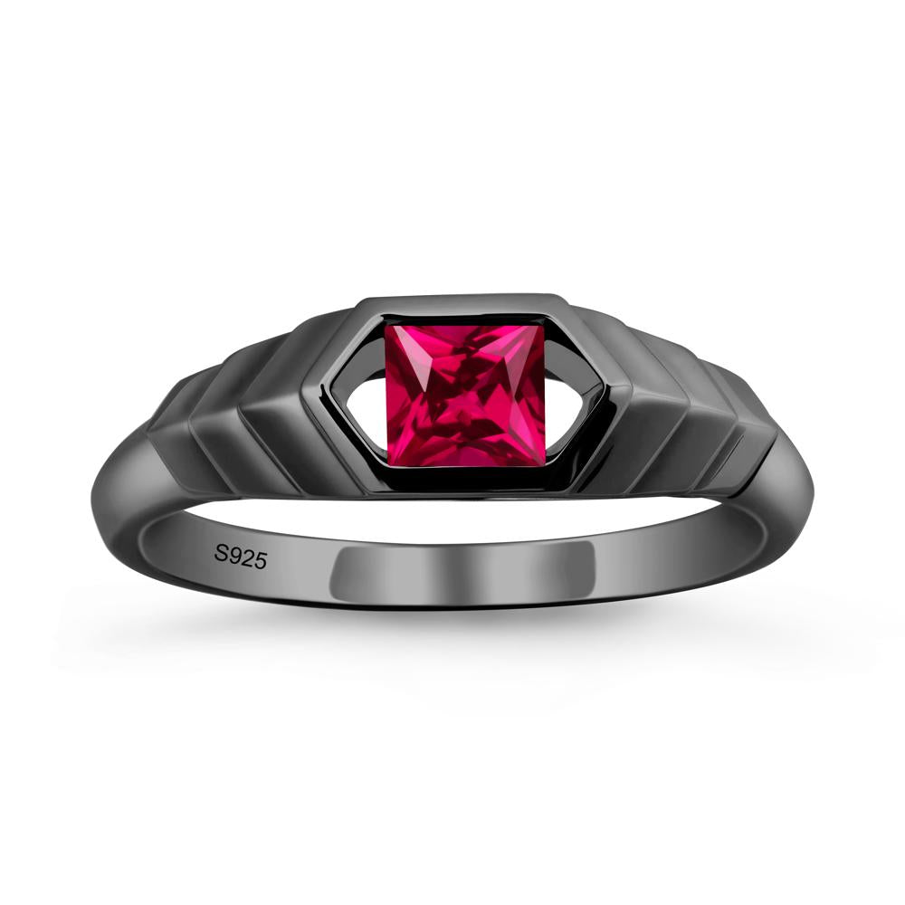 Asscher Ruby Ring with Hexagon Frame - LUO Jewelry #metal_black finish sterling silver