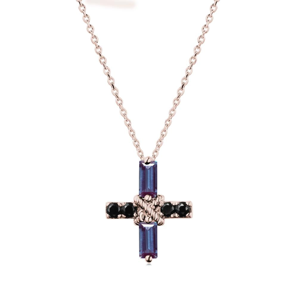 Baguette Alexandrite and Black Spinel Green Cross Necklace - LUO Jewelry #metal_14k rose gold