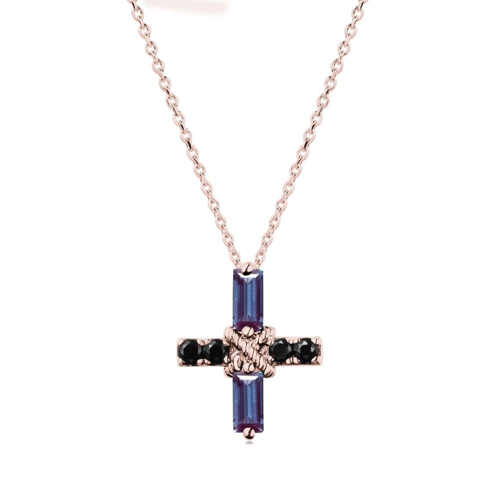 Baguette Alexandrite and Black Spinel Green Cross Necklace - LUO Jewelry #metal_18k rose gold