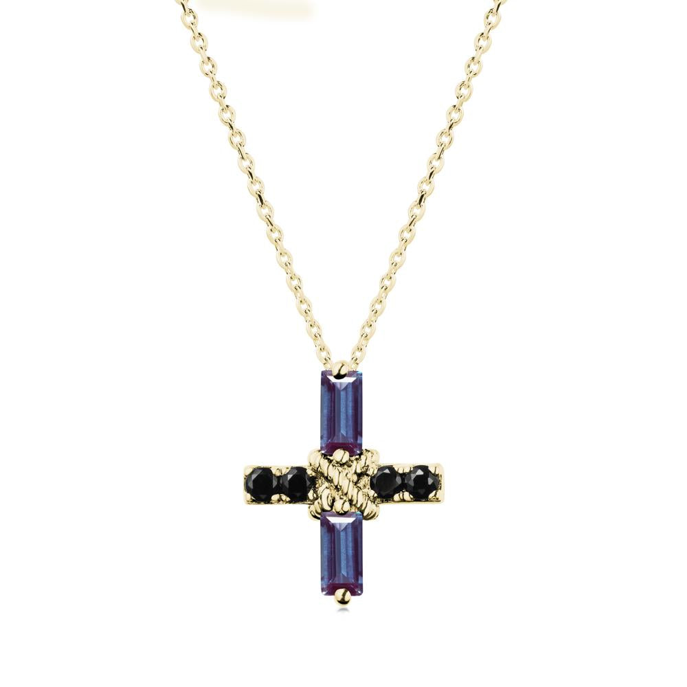 Baguette Alexandrite and Black Spinel Green Cross Necklace - LUO Jewelry #metal_18k yellow gold