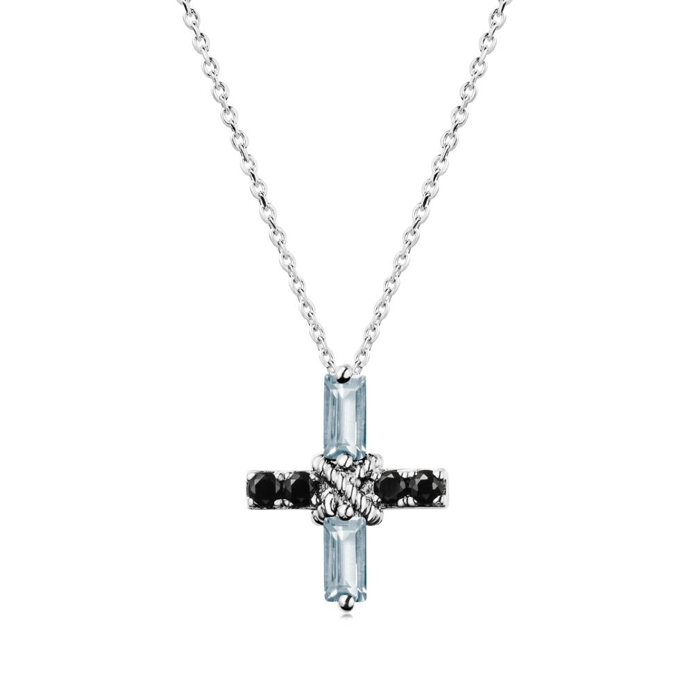 Baguette Aquamarine and Black Spinel Green Cross Necklace - LUO Jewelry #metal_14k white gold
