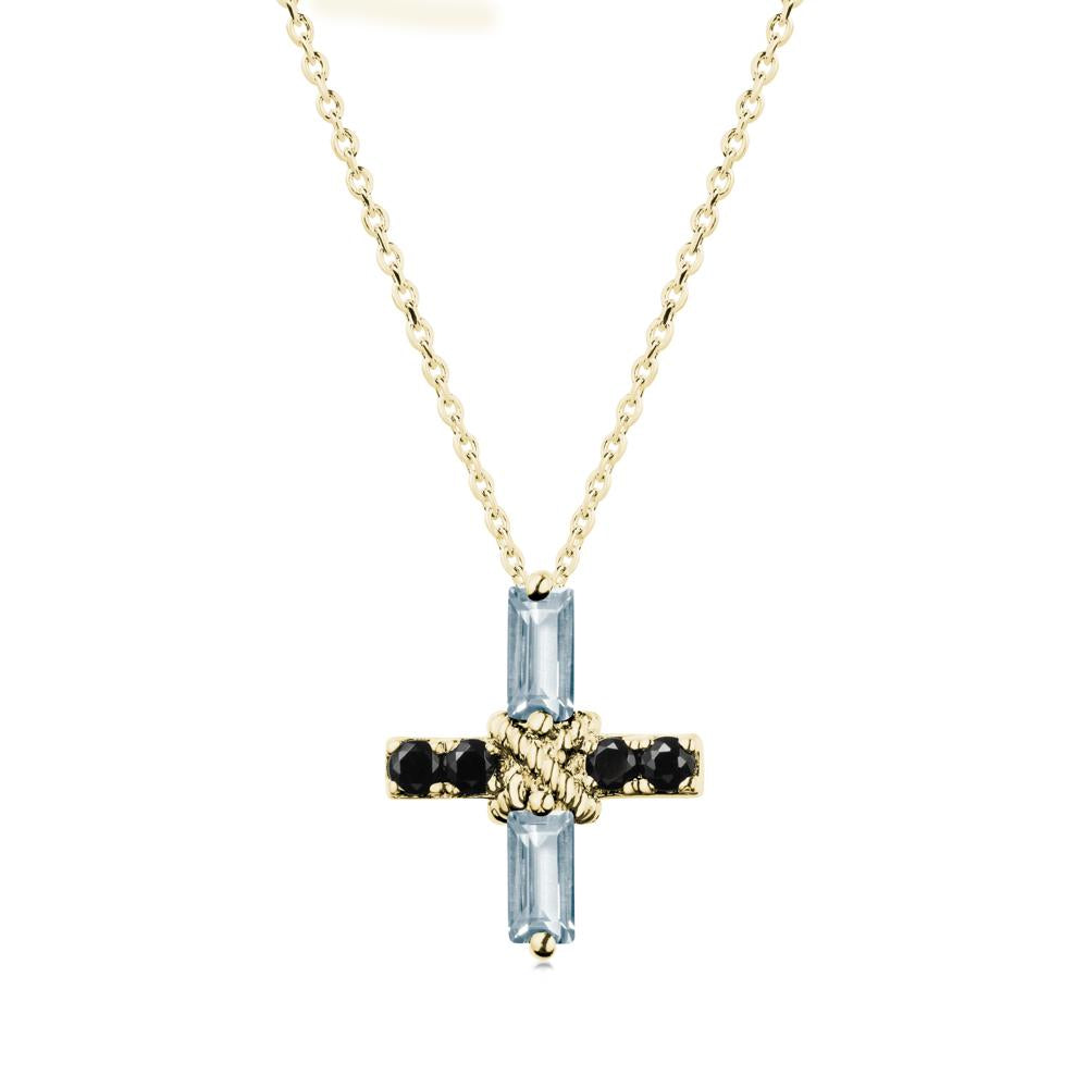 Baguette Aquamarine and Black Spinel Green Cross Necklace - LUO Jewelry #metal_18k yellow gold
