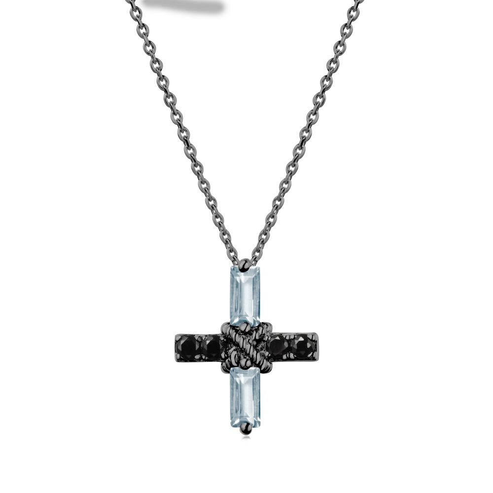 Baguette Aquamarine and Black Spinel Green Cross Necklace - LUO Jewelry #metal_black finish sterling silver