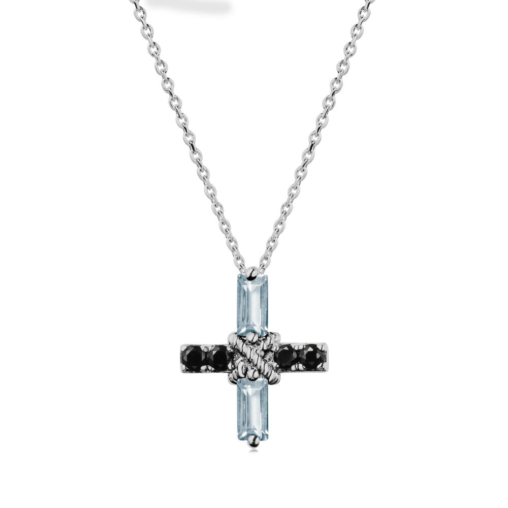 Baguette Aquamarine and Black Spinel Green Cross Necklace - LUO Jewelry #metal_platinum
