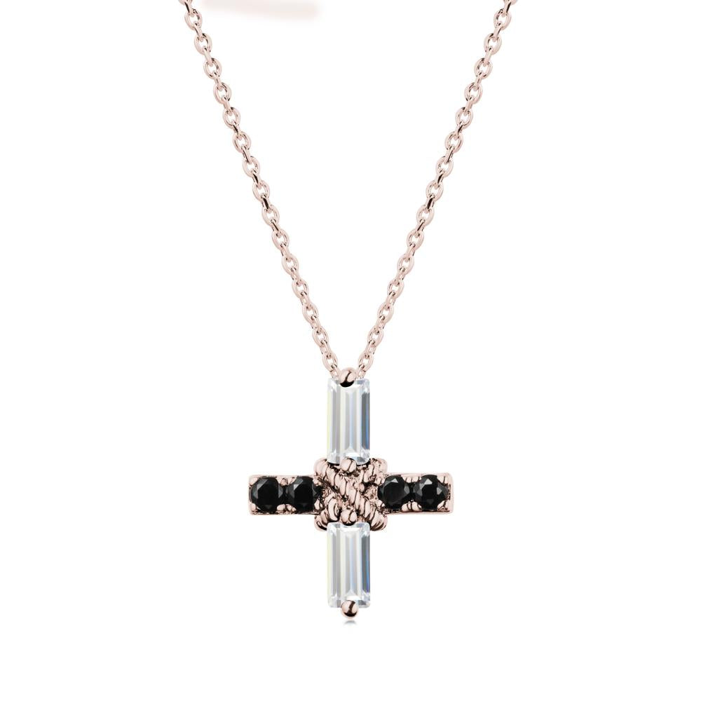 Baguette Cubic Zirconia and Black Spinel Green Cross Necklace - LUO Jewelry #metal_14k rose gold