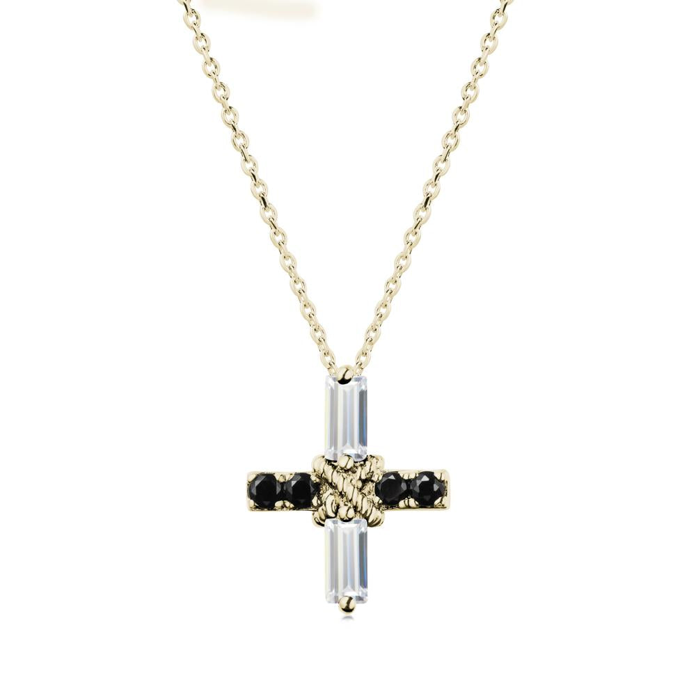 Baguette Cubic Zirconia and Black Spinel Green Cross Necklace - LUO Jewelry #metal_14k yellow gold