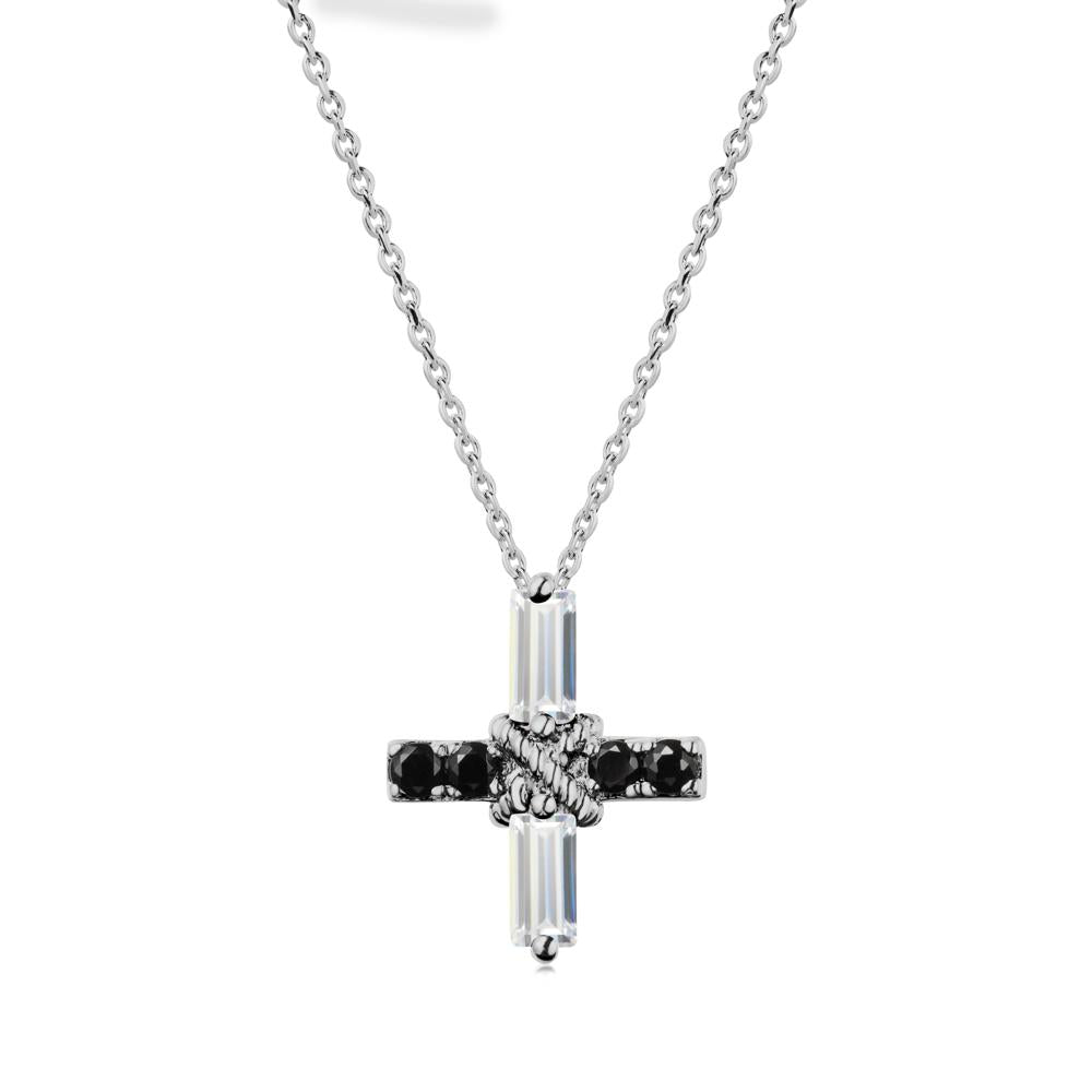 Baguette Cubic Zirconia and Black Spinel Green Cross Necklace - LUO Jewelry #metal_platinum