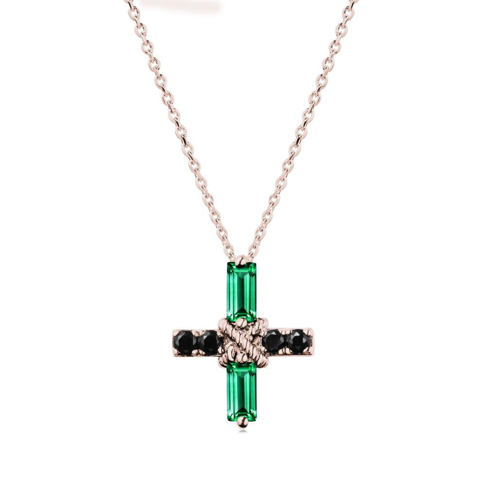 Baguette Emerald and Black Spinel Green Cross Necklace - LUO Jewelry #metal_14k rose gold