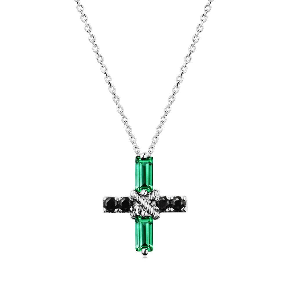 Baguette Emerald and Black Spinel Green Cross Necklace - LUO Jewelry #metal_14k white gold