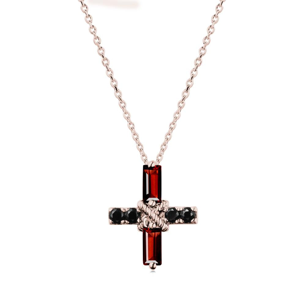 Baguette Garnet and Black Spinel Green Cross Necklace - LUO Jewelry #metal_14k rose gold