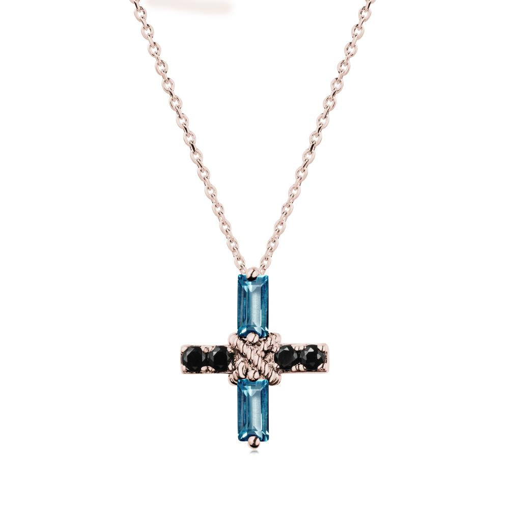 Baguette London Blue Topaz and Black Spinel Green Cross Necklace - LUO Jewelry #metal_14k rose gold