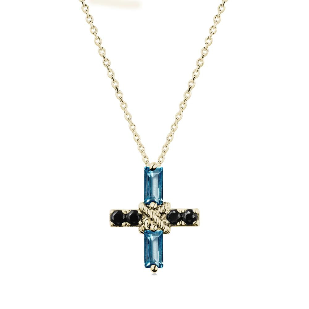 Baguette London Blue Topaz and Black Spinel Green Cross Necklace - LUO Jewelry #metal_14k yellow gold
