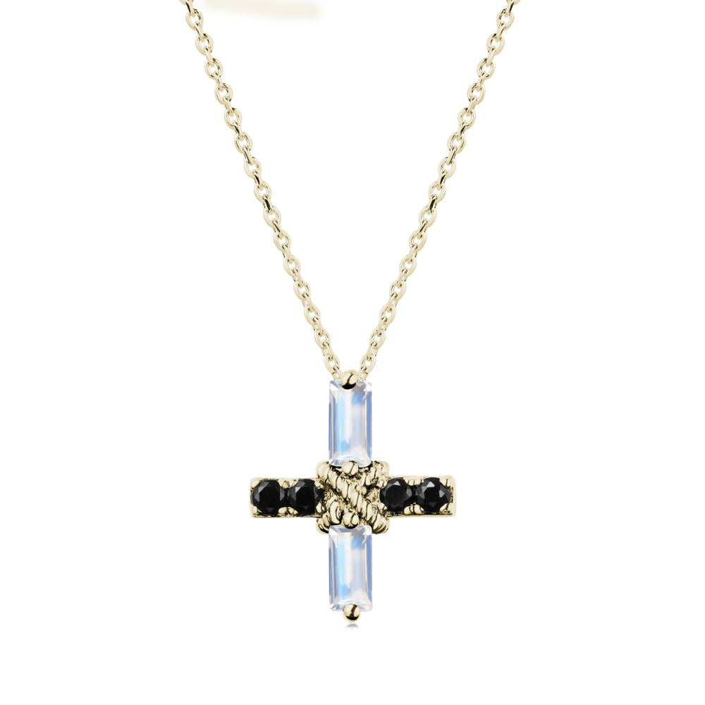 Baguette Moonstone and Black Spinel Green Cross Necklace - LUO Jewelry #metal_14k yellow gold