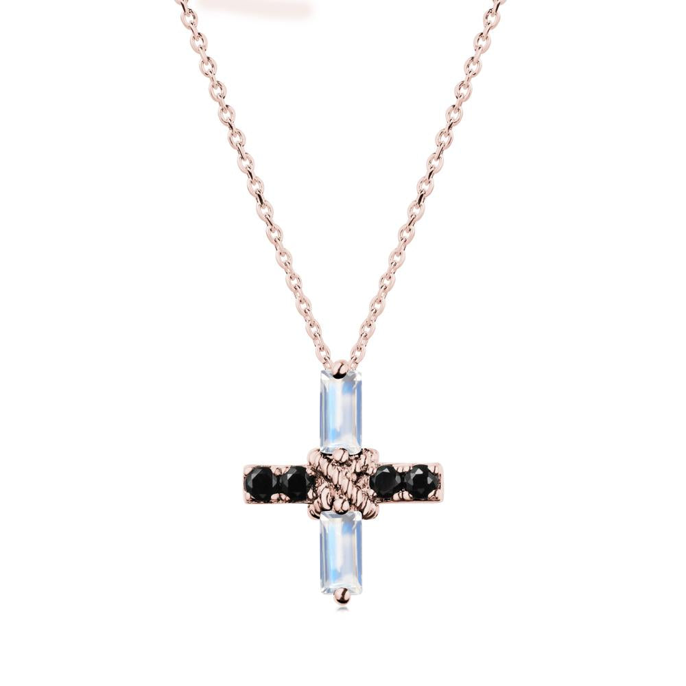 Baguette Moonstone and Black Spinel Green Cross Necklace - LUO Jewelry #metal_18k rose gold
