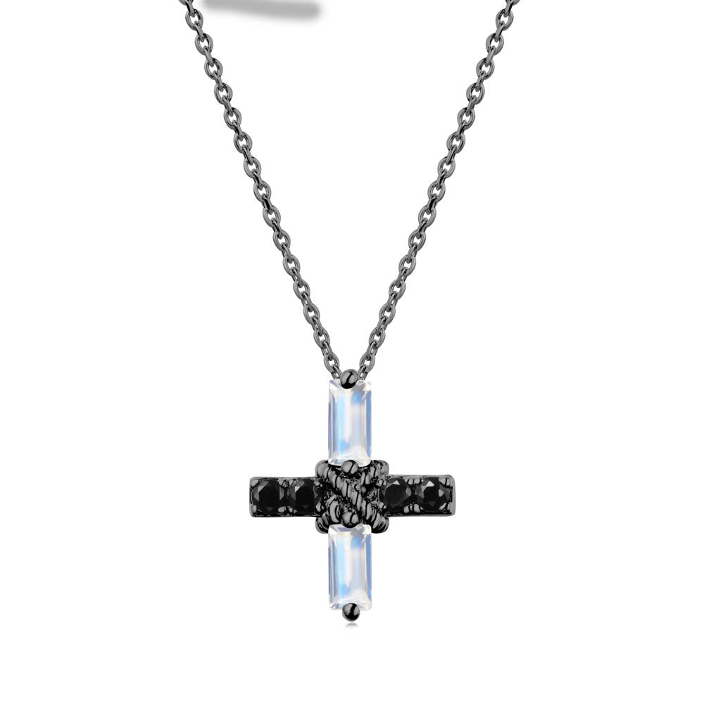 Baguette Moonstone and Black Spinel Green Cross Necklace - LUO Jewelry #metal_black finish sterling silver