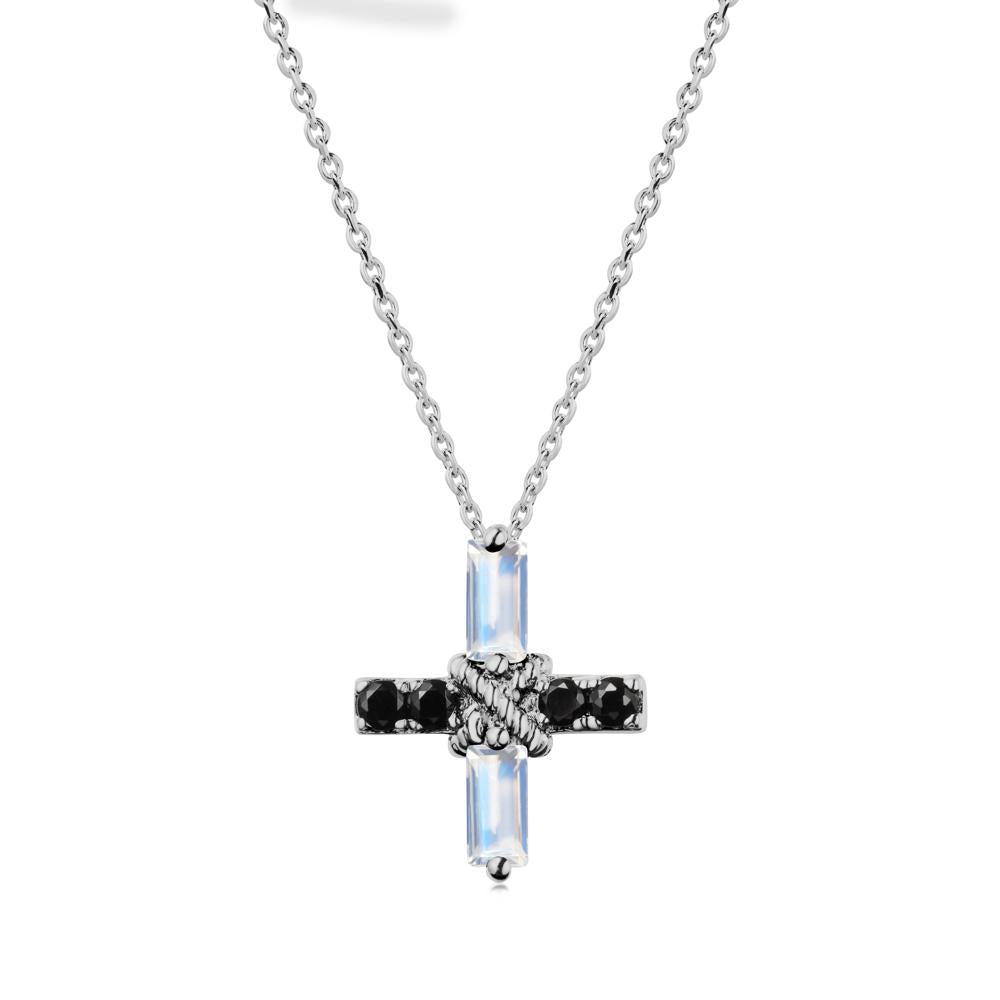 Baguette Moonstone and Black Spinel Green Cross Necklace - LUO Jewelry #metal_platinum