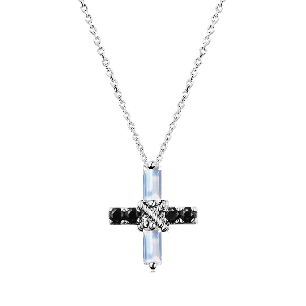 Baguette Moonstone and Black Spinel Green Cross Necklace - LUO Jewelry #metal_sterling silver