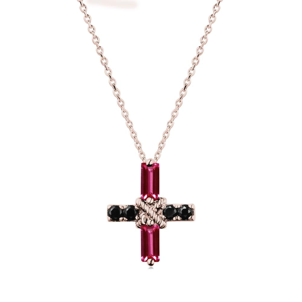 Baguette Ruby and Black Spinel Green Cross Necklace - LUO Jewelry #metal_14k rose gold