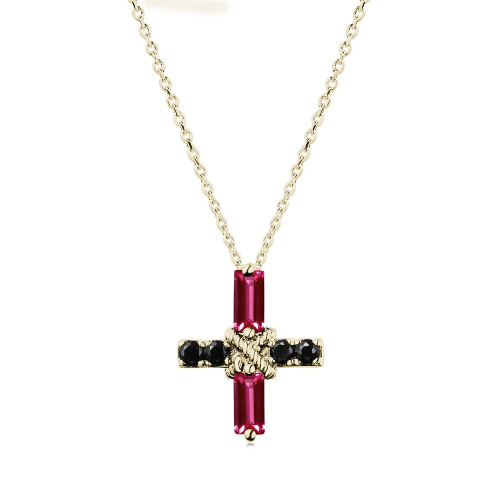 Baguette Ruby and Black Spinel Green Cross Necklace - LUO Jewelry #metal_14k yellow gold
