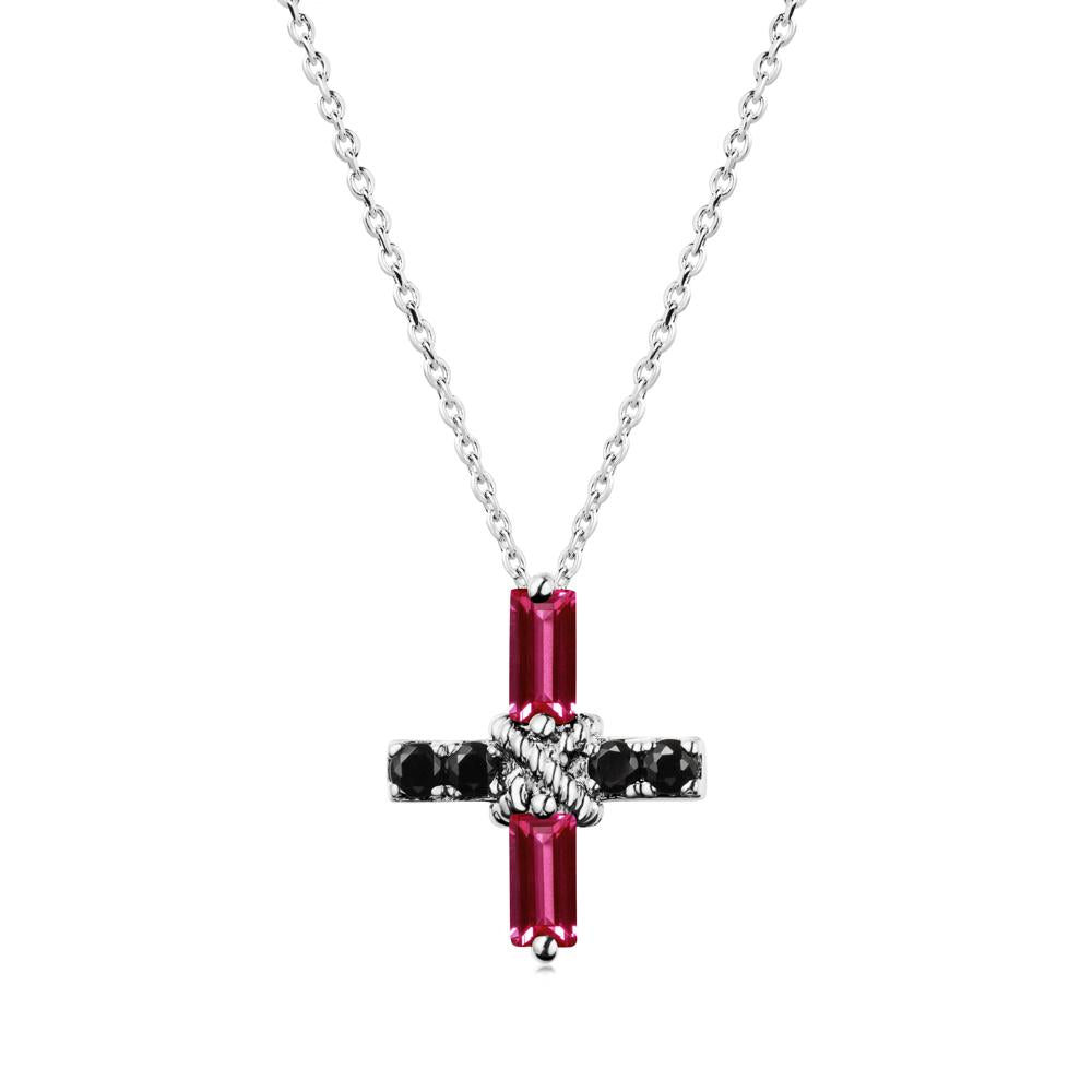 Baguette Ruby and Black Spinel Green Cross Necklace - LUO Jewelry #metal_18k white gold