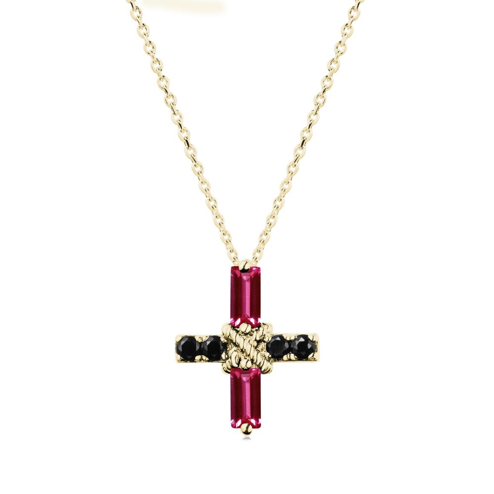 Baguette Ruby and Black Spinel Green Cross Necklace - LUO Jewelry #metal_18k yellow gold