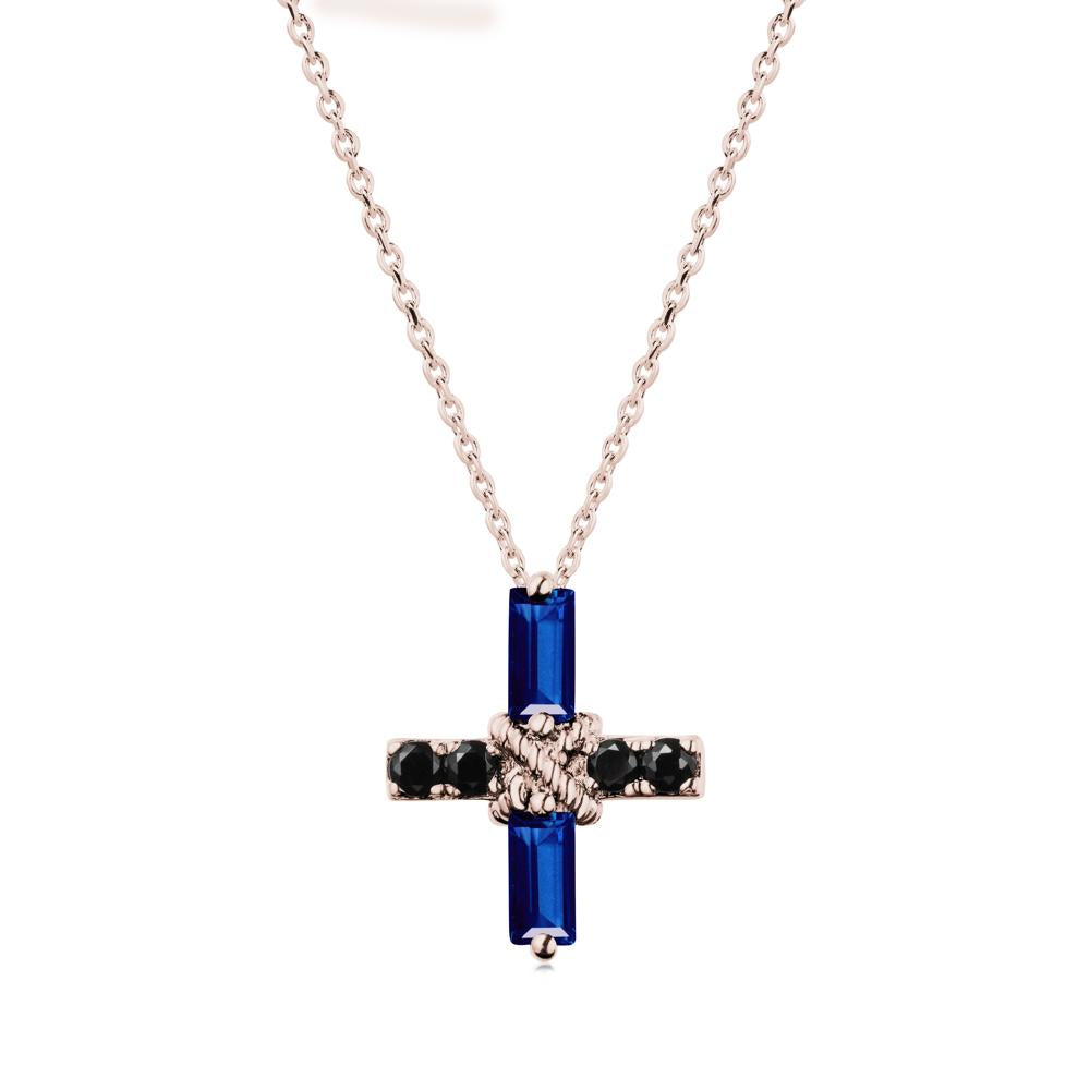 Baguette Sapphire and Black Spinel Green Cross Necklace - LUO Jewelry #metal_14k rose gold