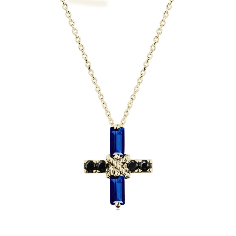 Baguette Sapphire and Black Spinel Green Cross Necklace - LUO Jewelry #metal_14k yellow gold
