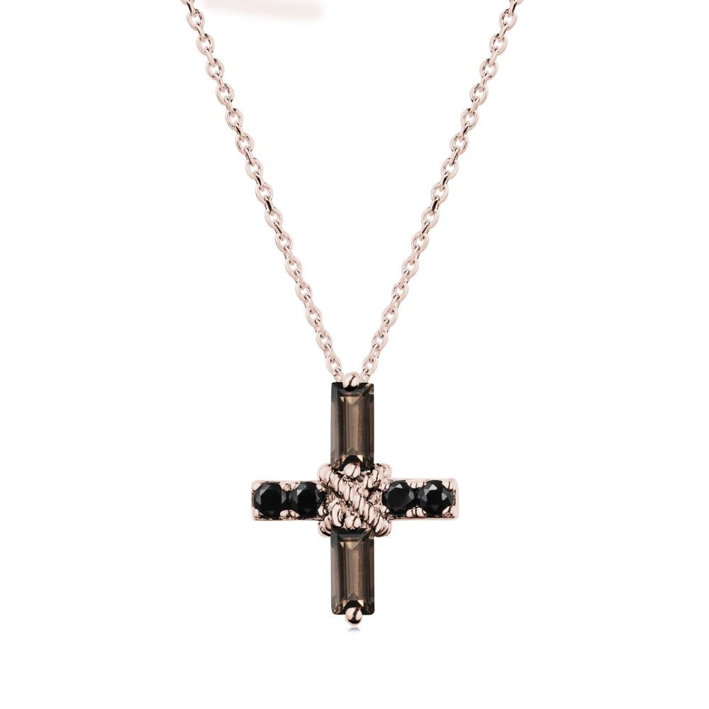 Baguette Smoky Quartz and Black Spinel Green Cross Necklace - LUO Jewelry #metal_14k rose gold