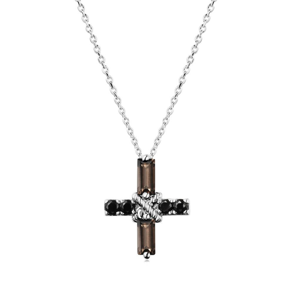 Baguette Smoky Quartz and Black Spinel Green Cross Necklace - LUO Jewelry #metal_18k white gold