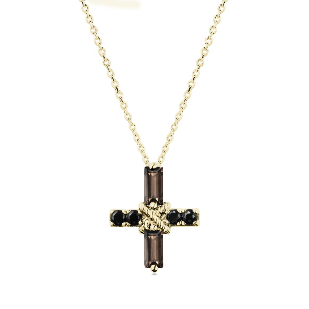 Baguette Smoky Quartz and Black Spinel Green Cross Necklace - LUO Jewelry #metal_18k yellow gold