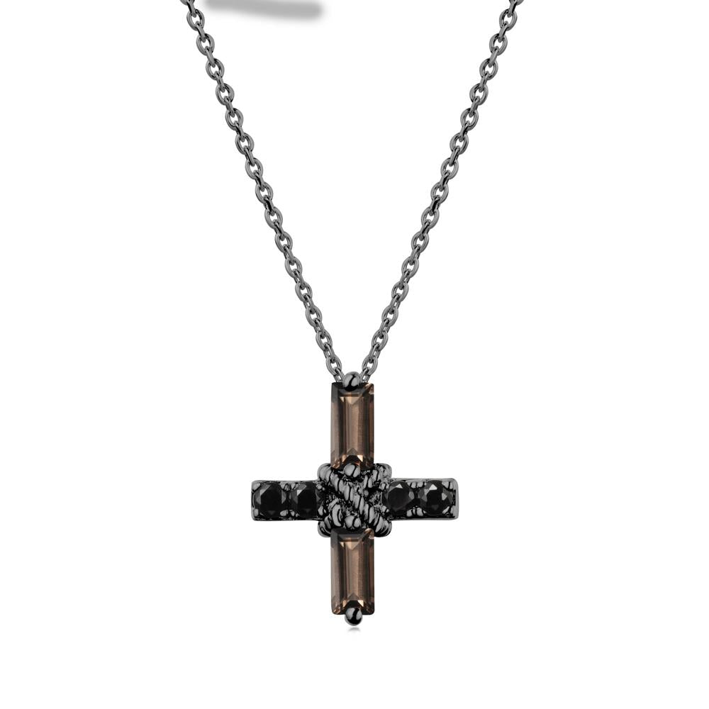 Baguette Smoky Quartz and Black Spinel Green Cross Necklace - LUO Jewelry #metal_black finish sterling silver
